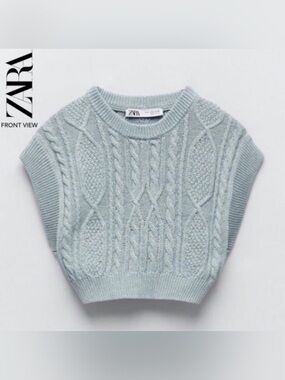 Zara Pale Blue Cable Knit Cropped Sweater Vest